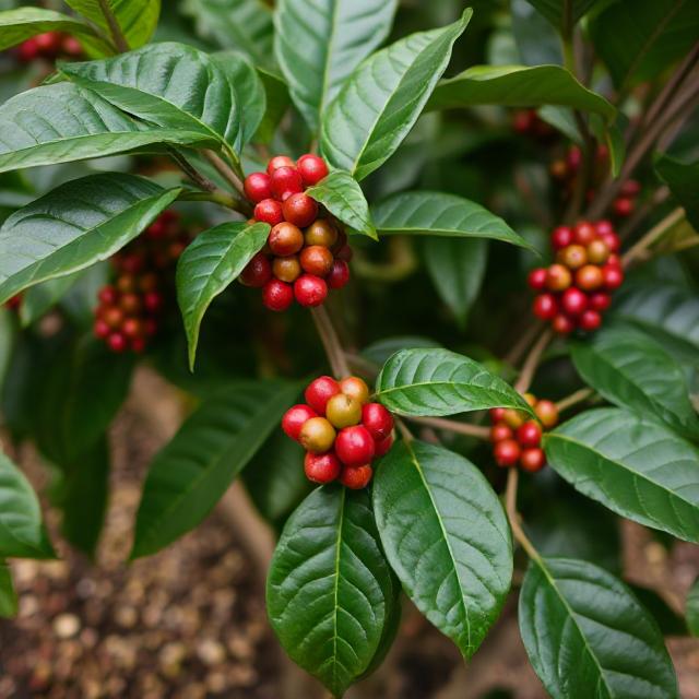 Red and green coffee cherries cluster among glossy green leaves, highlighting the coffee plant's fruiting stage in a lush environment.