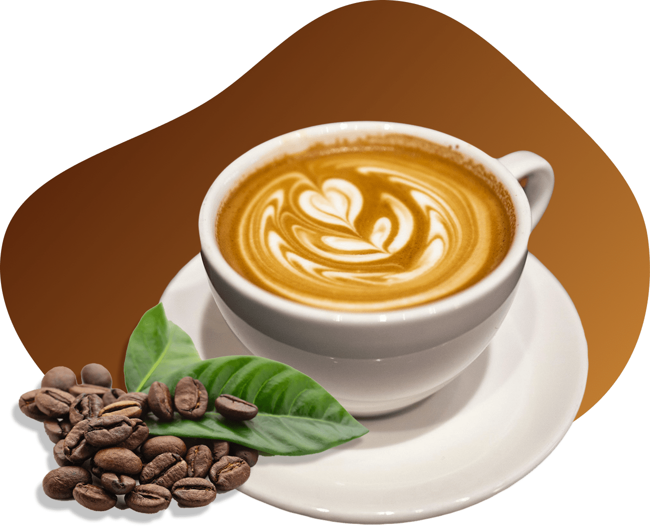Latte art swirls atop a creamy cup of coffee, accompanied by coffee beans and a green basil leaf on a saucer, illustrating a refined coffee experience.