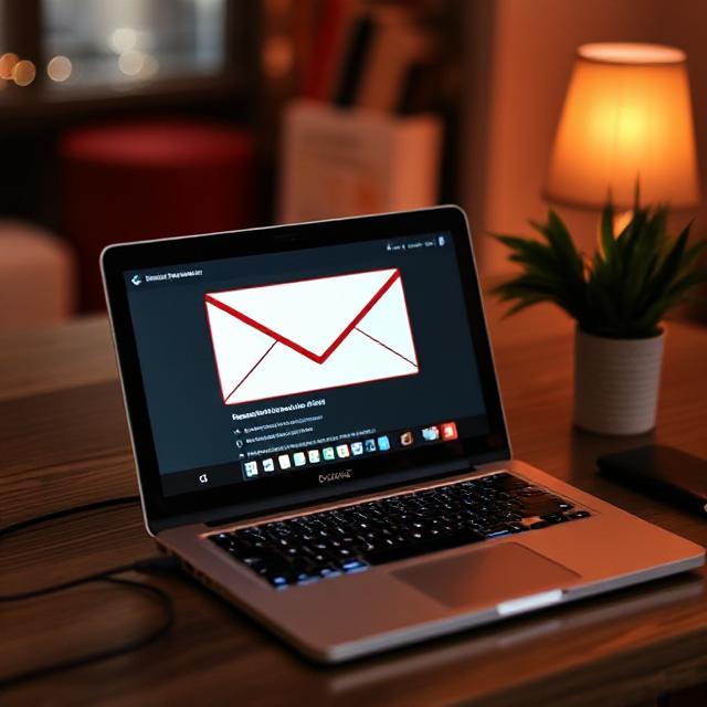 Laptop displaying a red envelope icon on screen, symbolizing email communication, with a cozy workspace background featuring a lamp and a plant.