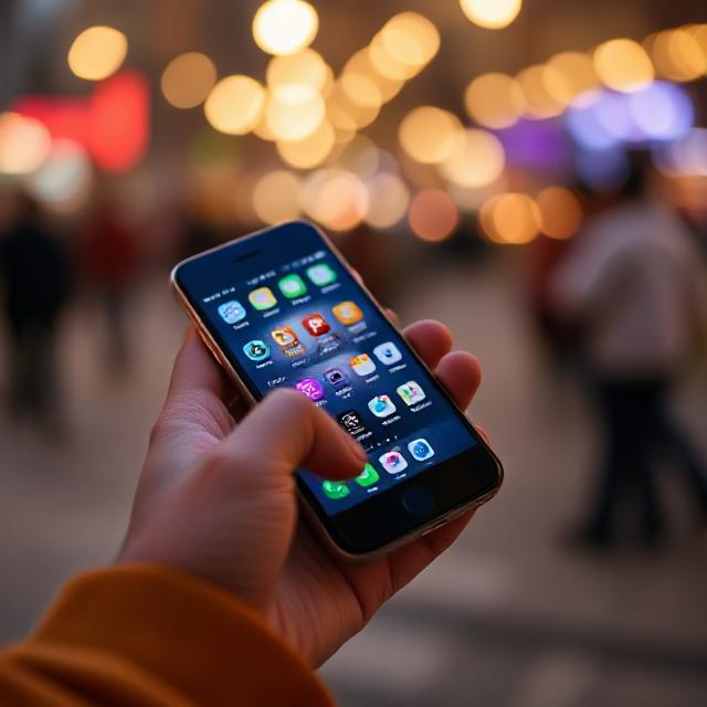 A hand holds a smartphone displaying various app icons, surrounded by softly blurred lights, suggesting a vibrant urban nightlife scene.