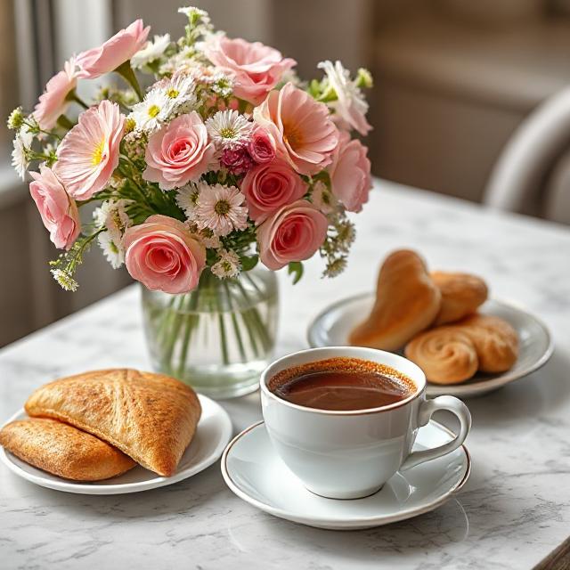 A cup of coffee next to fresh pastries and a vase of pink flowers on a marble table, creating a cozy breakfast setting.