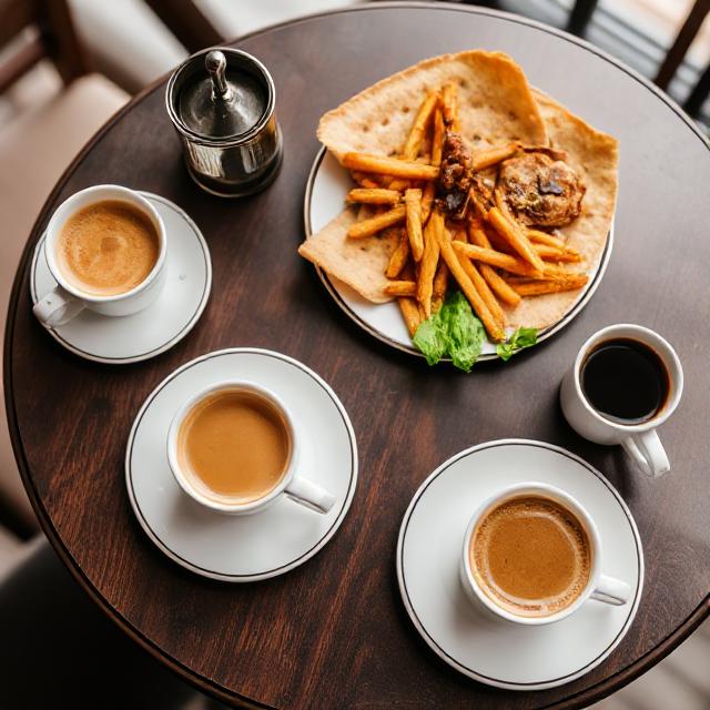 Three cups of coffee surround a plate of fries, flatbread, and a meat dish on a wooden table, highlighting a cozy dining experience.